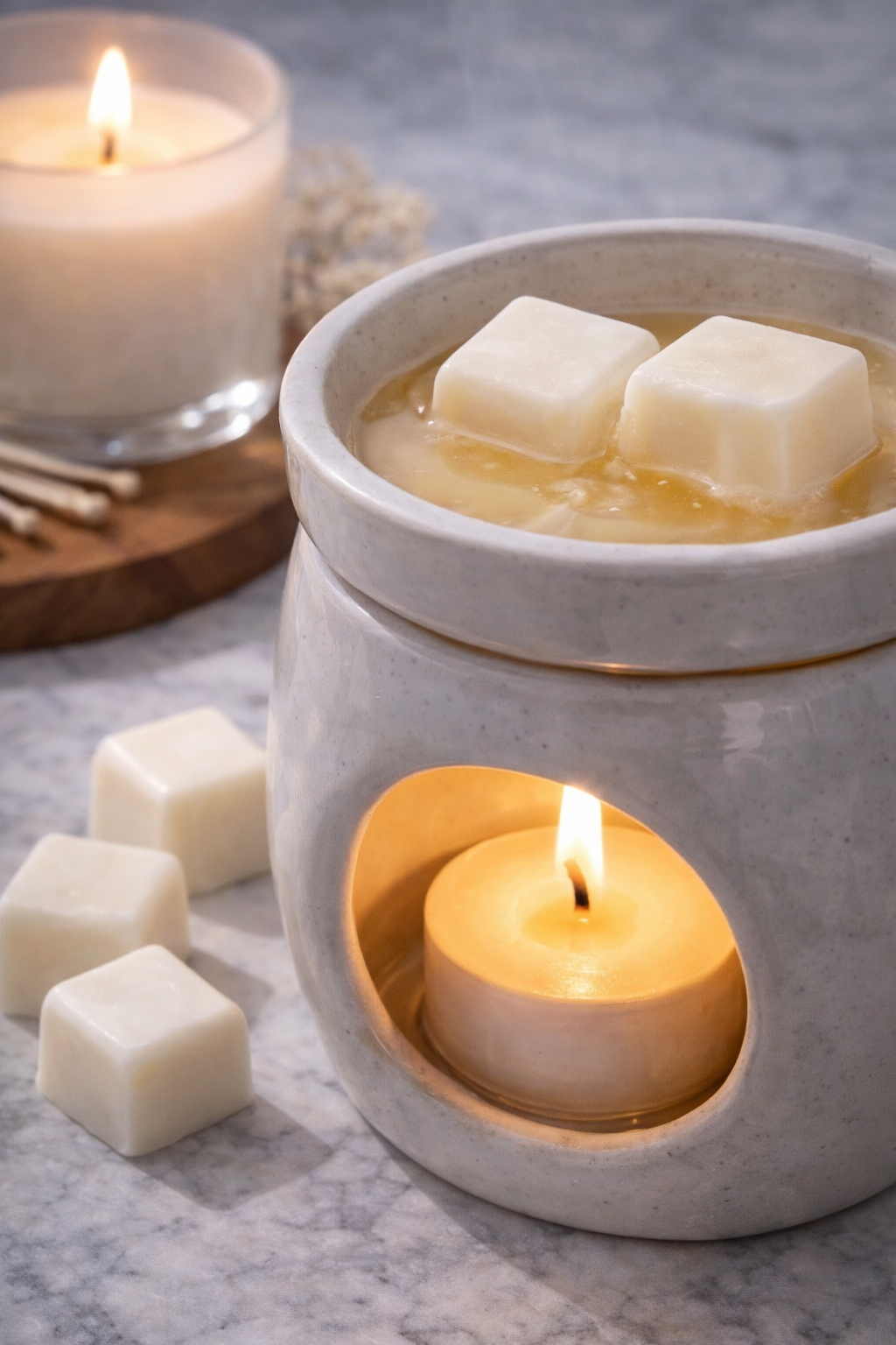 Soy wax melts melting in ceramic warmer with glowing candle creating soft cozy home fragrance ambiance