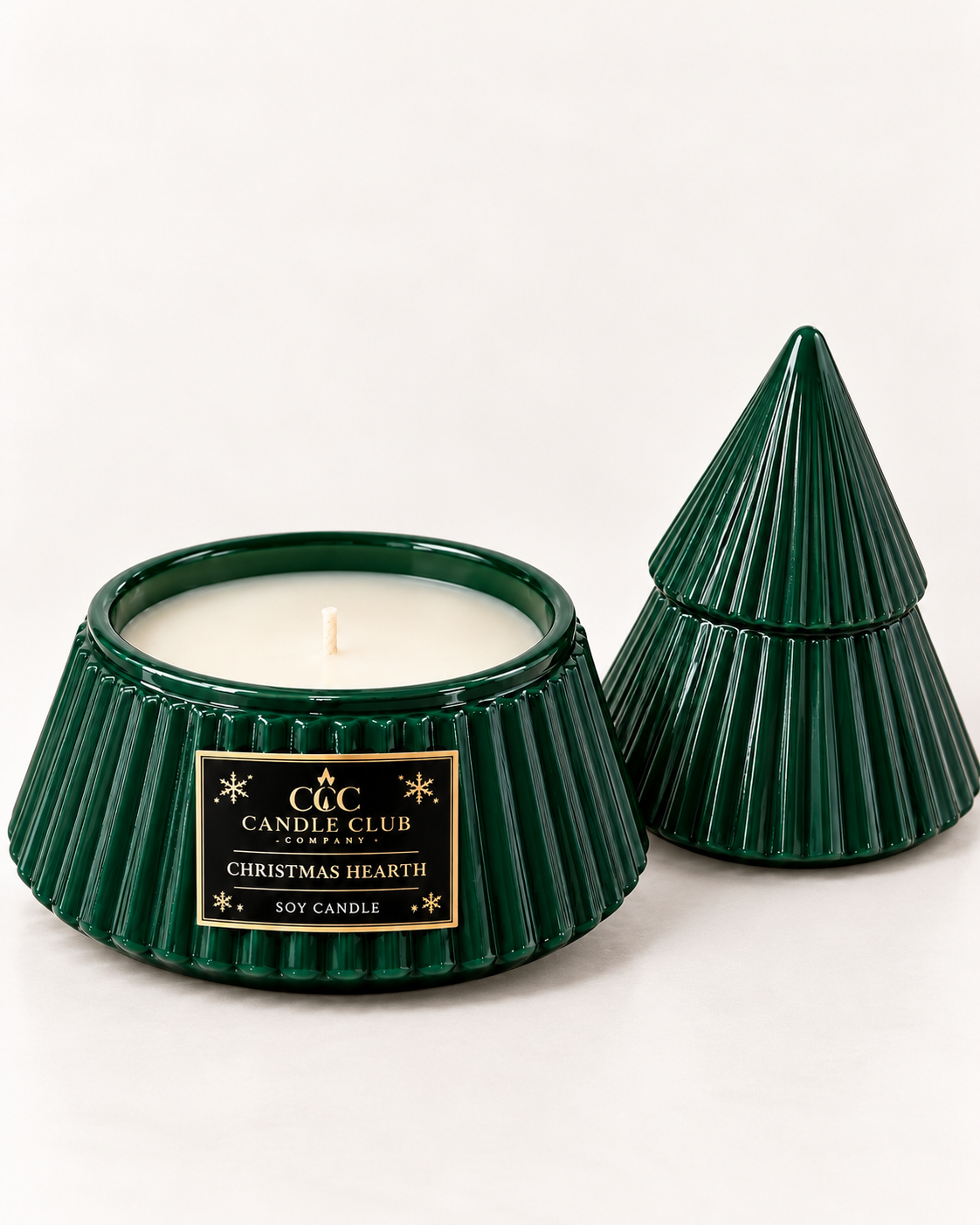 Evergreen Christmas Tree Candle open to show 8 oz soy wax and single wick