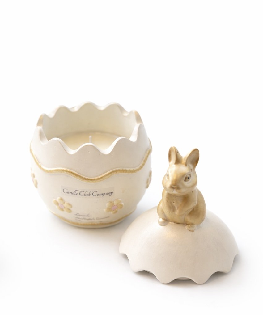 Open gold bunny egg candle jar with removable lid, 8 oz handcrafted soy candle by Candle Club Company, Connecticut Easter home decor