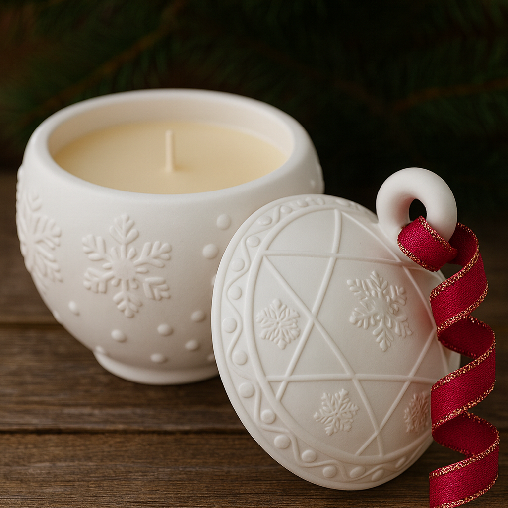 Close-up of ornament-inspired holiday candle with embossed winter patterns, handmade soy candle USA