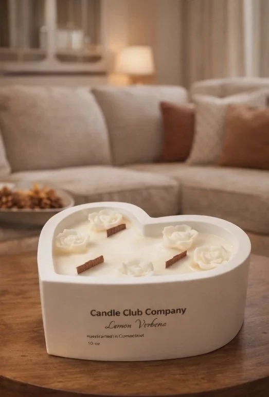 Hand-poured heart-shaped soy candle with three cotton wicks and floral wax details, artisan candle handcrafted in Connecticut by Candle Club Compan