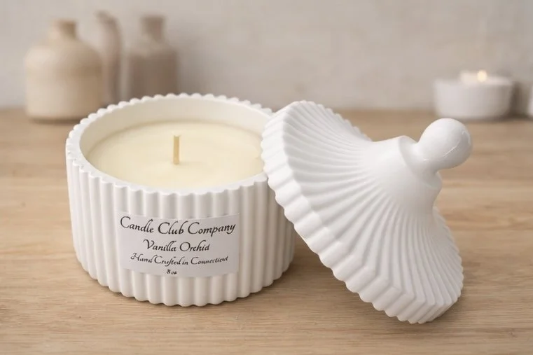 Ribbed ceramic soy candle with lid by Candle Club Company luxury home fragrance