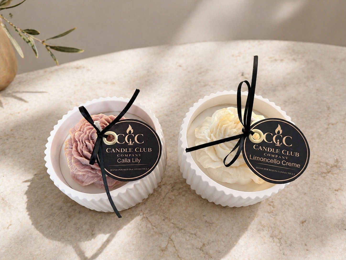 Top view of two floral vessel candles in Blush Bloom and Ivory Petal colors with branded tags in natural sunlight.