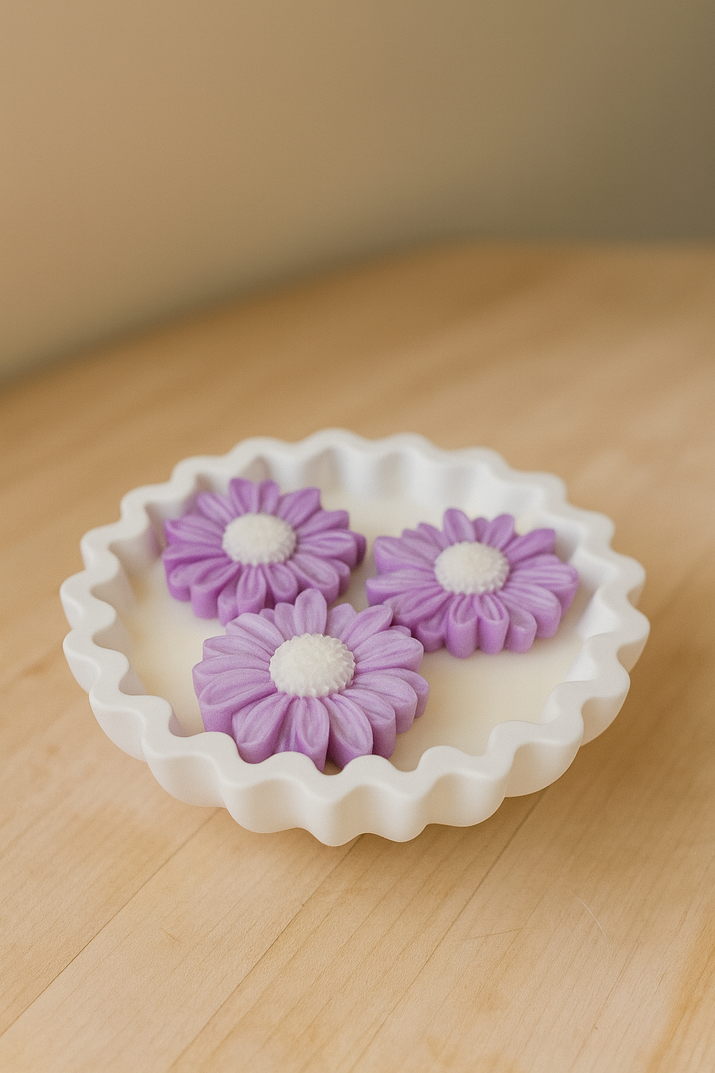 "Handcrafted purple daisy flower soy candle in a white scalloped vessel by Candle Club Company, all-natural artisan candle available for USA shipping."