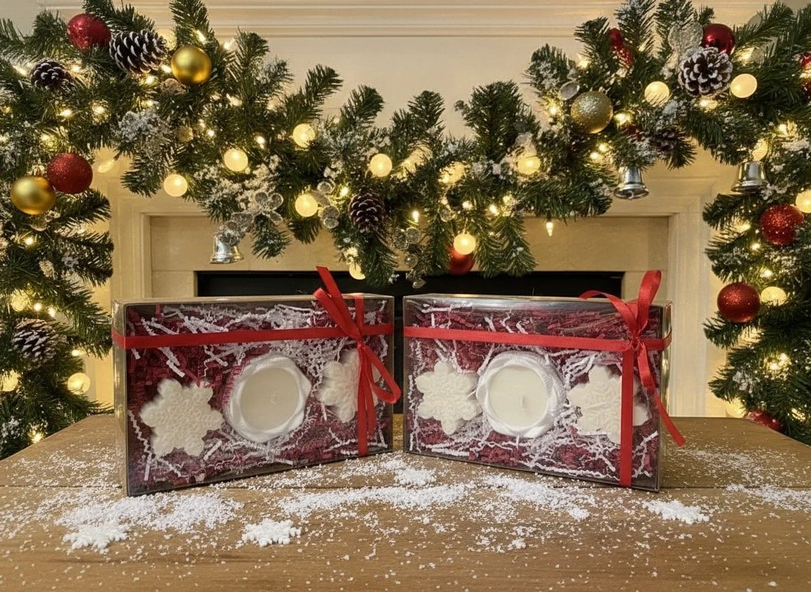 Holiday soy candle gift sets from Candle Club Company in Farmington Connecticut, featuring handmade snowflake candles with red ribbon and Christmas garland decorations.