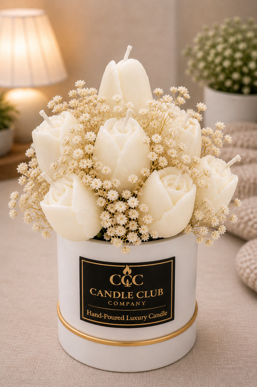 Ivory tulip candle bouquet in ceramic vessel with baby’s breath – luxury handmade soy candle arrangement