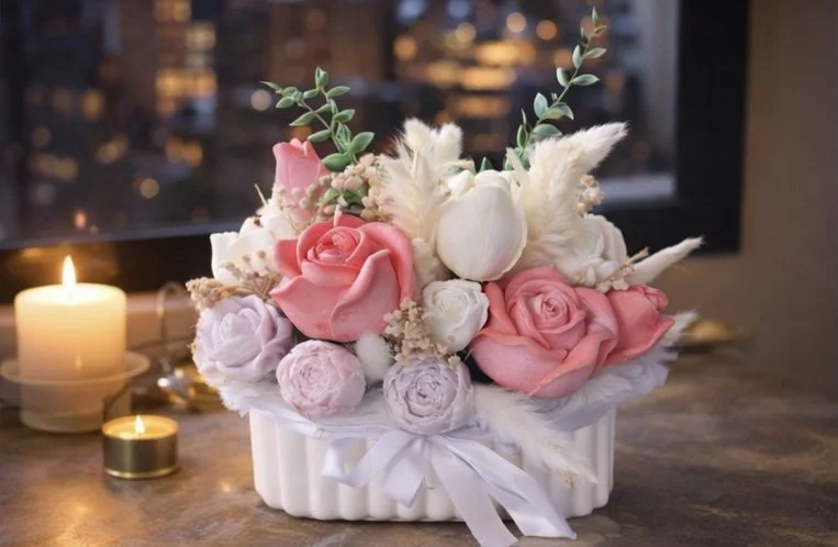 Eternal Bloom floral arrangement with pink and ivory roses, handmade candle centerpiece in Connecticut