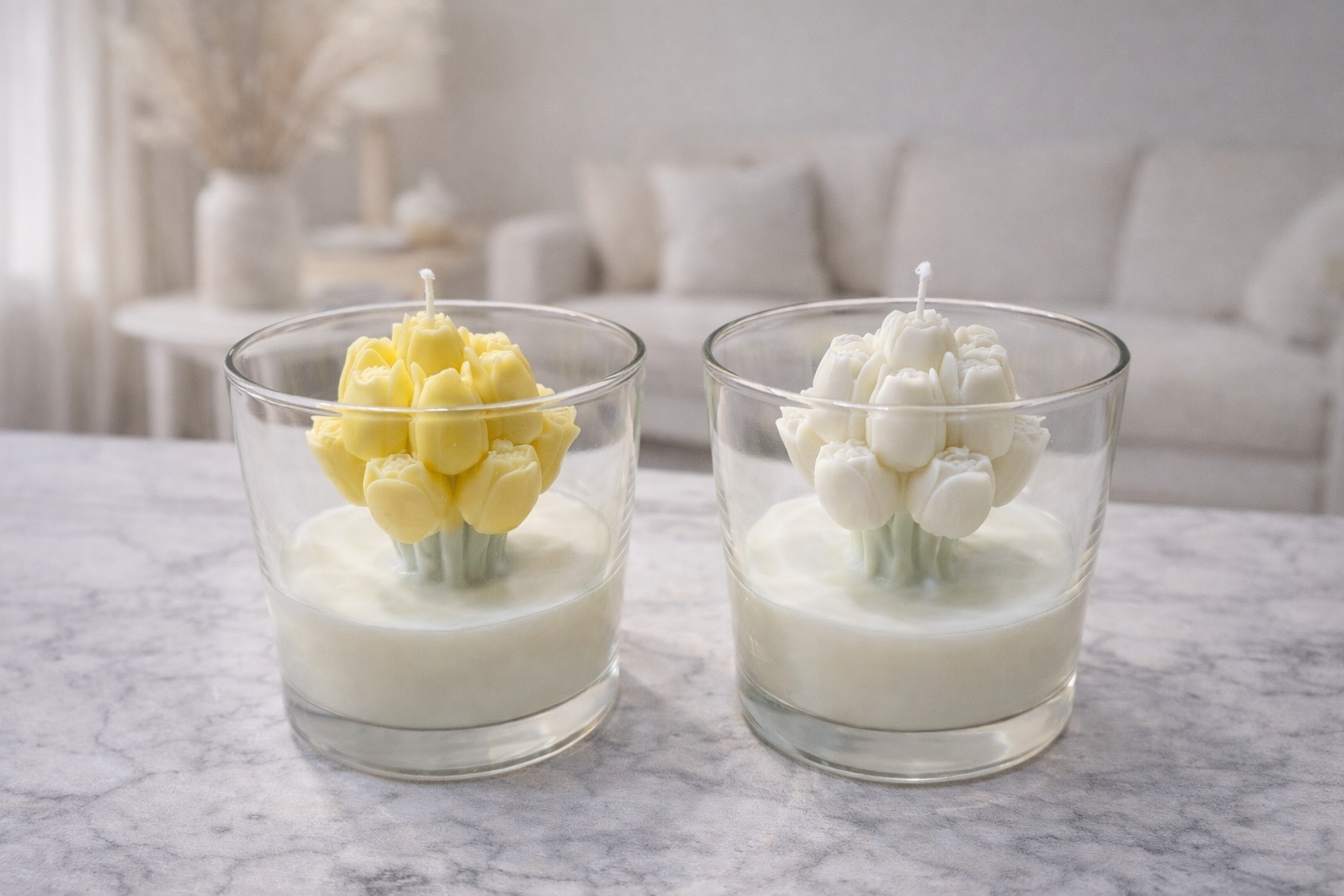 Floral soy candles with yellow and white tulip wax blooms in clear glass jars, handcrafted candle decor made in Connecticut