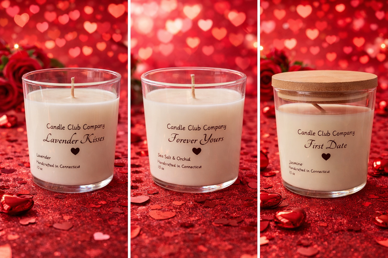 Valentine’s Day soy candles stacked with heart-themed background