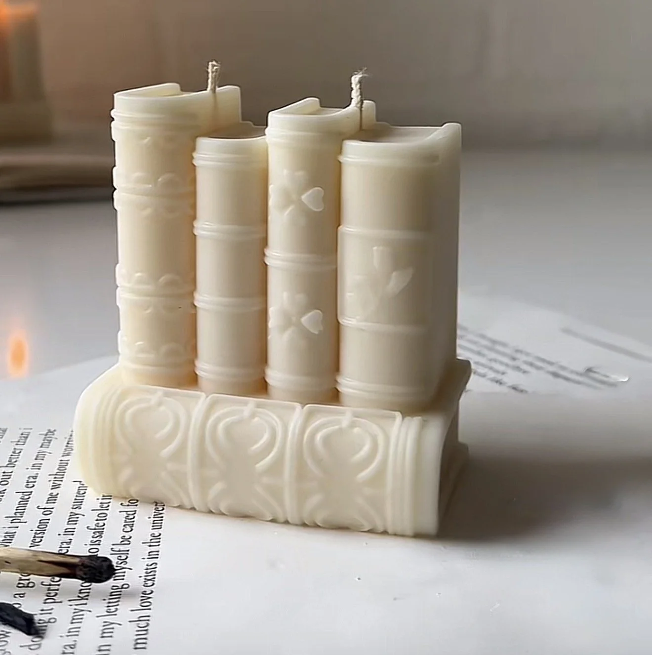 White Signature Book Candle decorative sculptural candle for modern home décor handmade in the USA