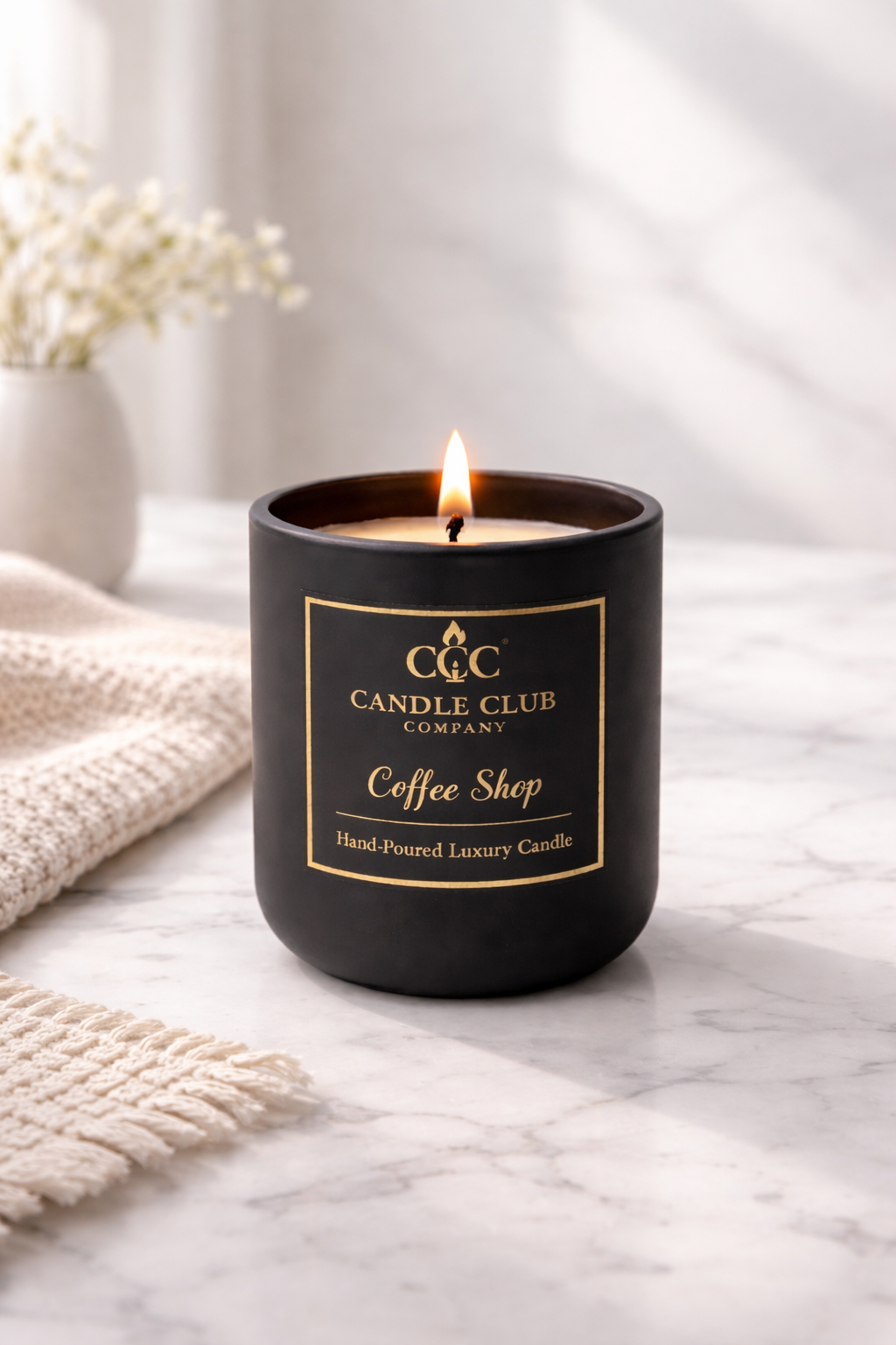 Luxury soy candle in cozy home setting, clean-burning handmade candle by Candle Club Company in Connecticut