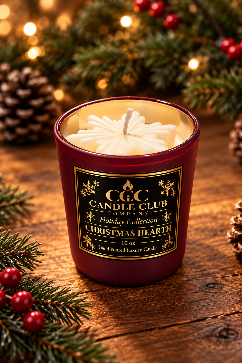Burgundy Snowfall Glow Christmas candle styled with pinecones, berries, and holiday lights