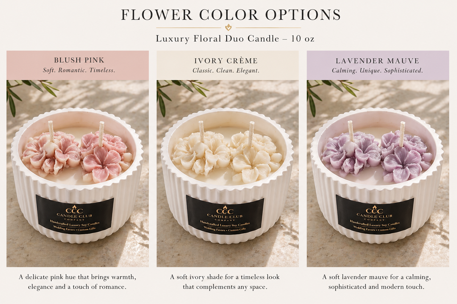 Floral color options for Luxury Floral Duo Candle showing blush pink, ivory crème, and lavender mauve flower variations in white vessels.