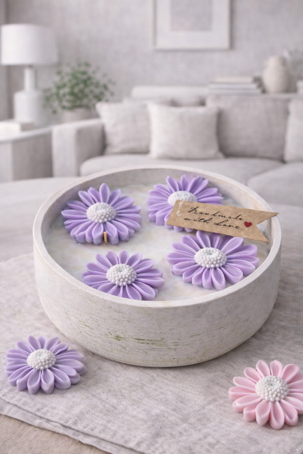 Purple daisy botanical candle in handmade concrete vessel, floral soy candles perfect inspired by meadow blooms