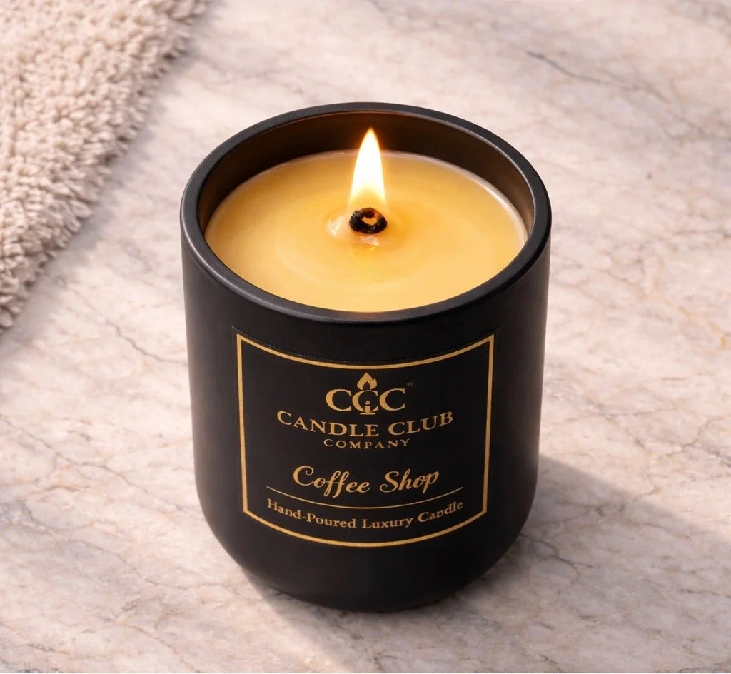 Close-up candle flame on soy wax clean burning luxury candle texture detail