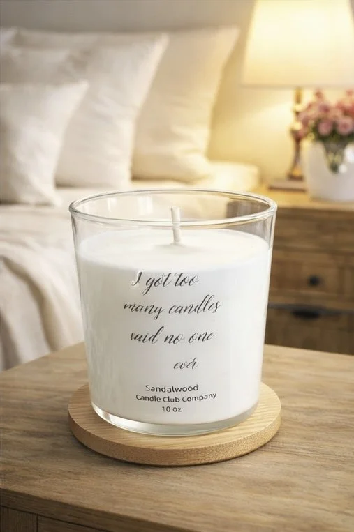 Sandalwood luxury soy candle on bedside table – Candle Club Company hand poured candle Connecticut