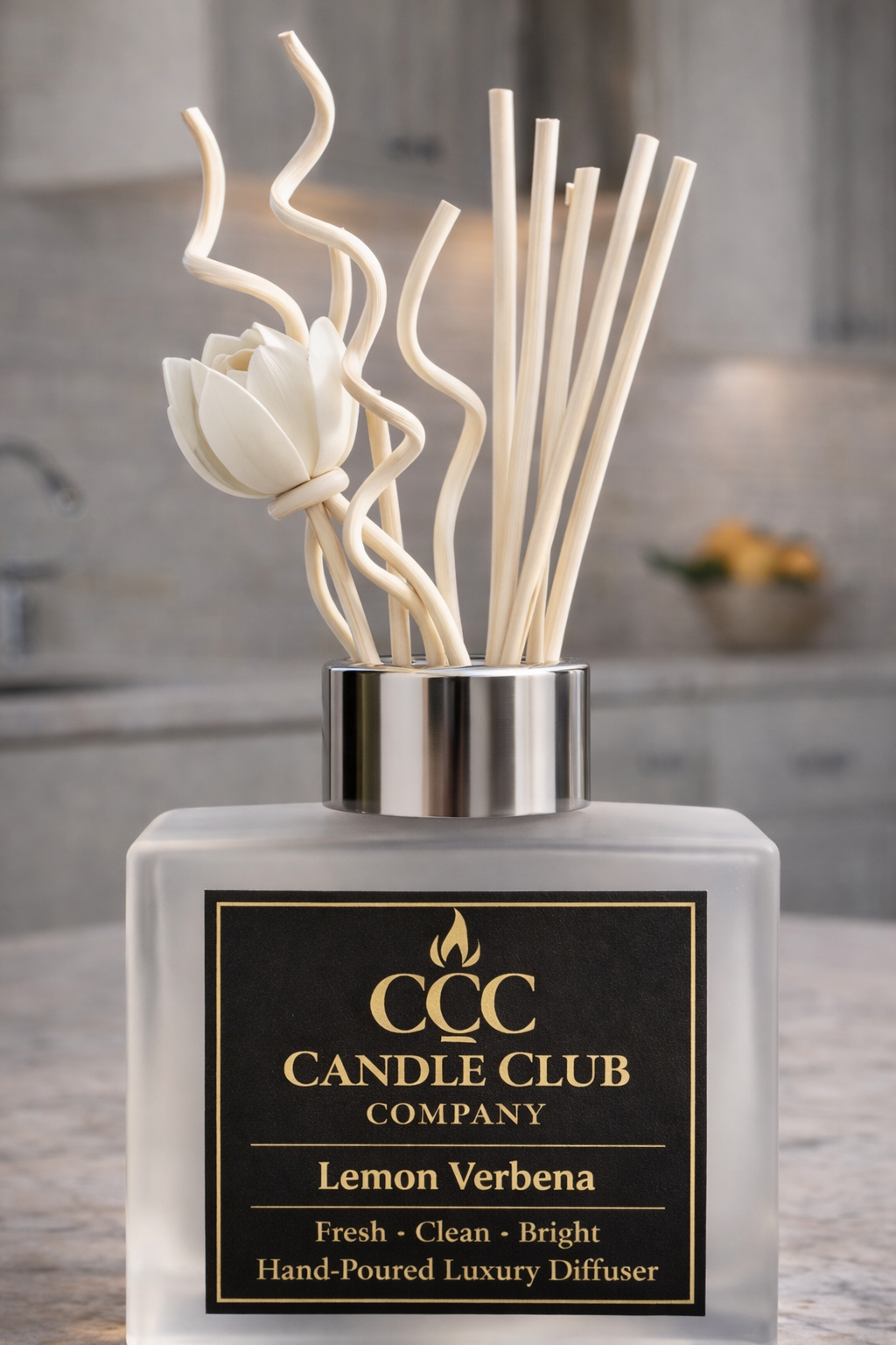 Close-up of luxury reed diffuser showing natural reed sticks and floral diffuser top for clean long-lasting home fragrance