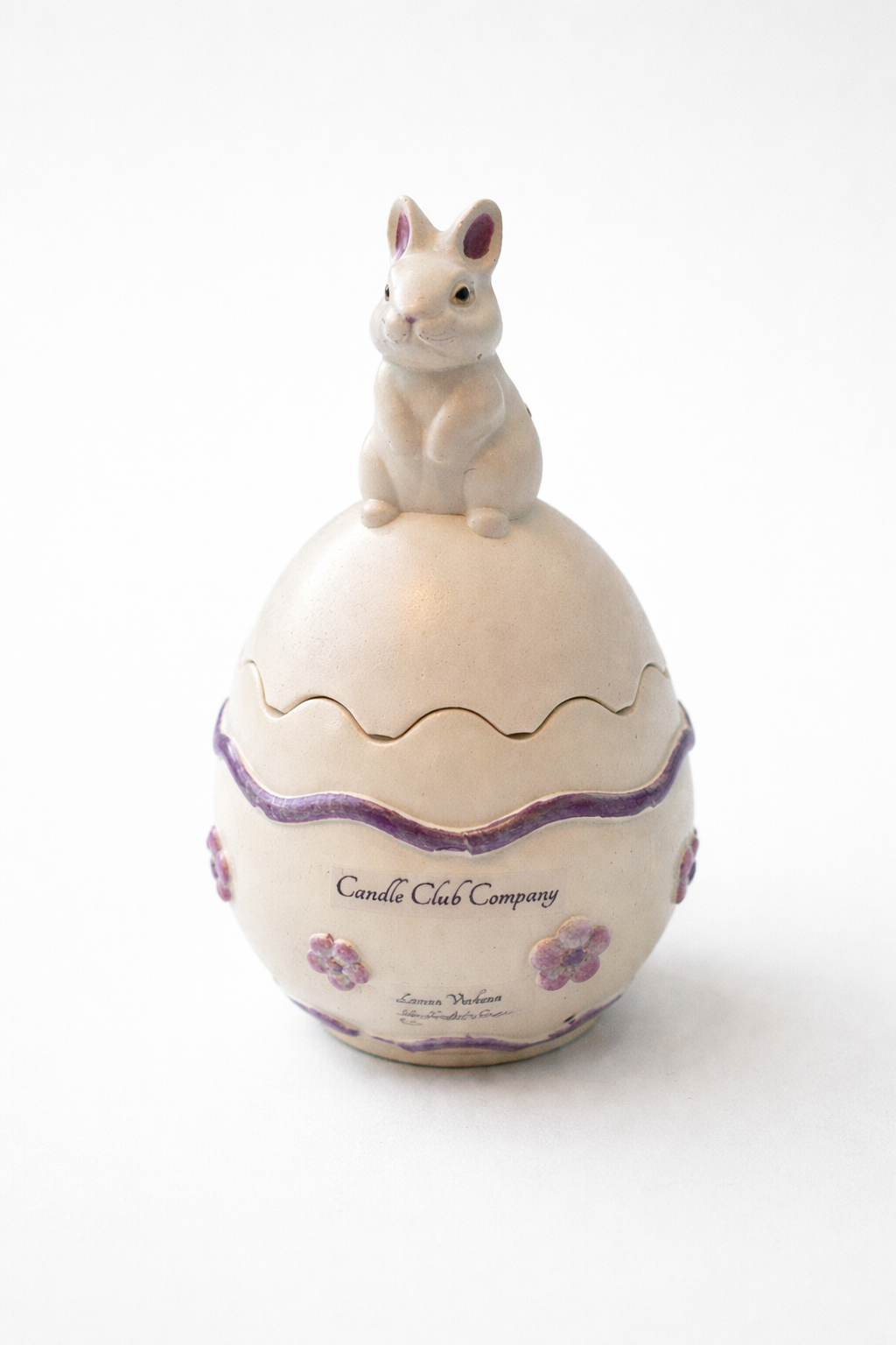 Handcrafted bunny egg candle with lavender trim by Candle Club Company, decorative 8 oz soy candle in ceramic Easter egg jar, made in Connecticut