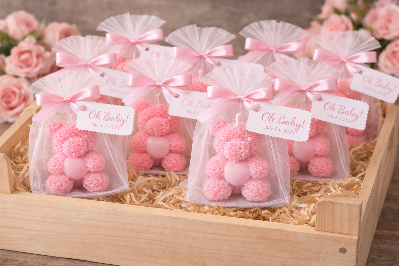 Pink teddy bear candle favors for baby shower guests