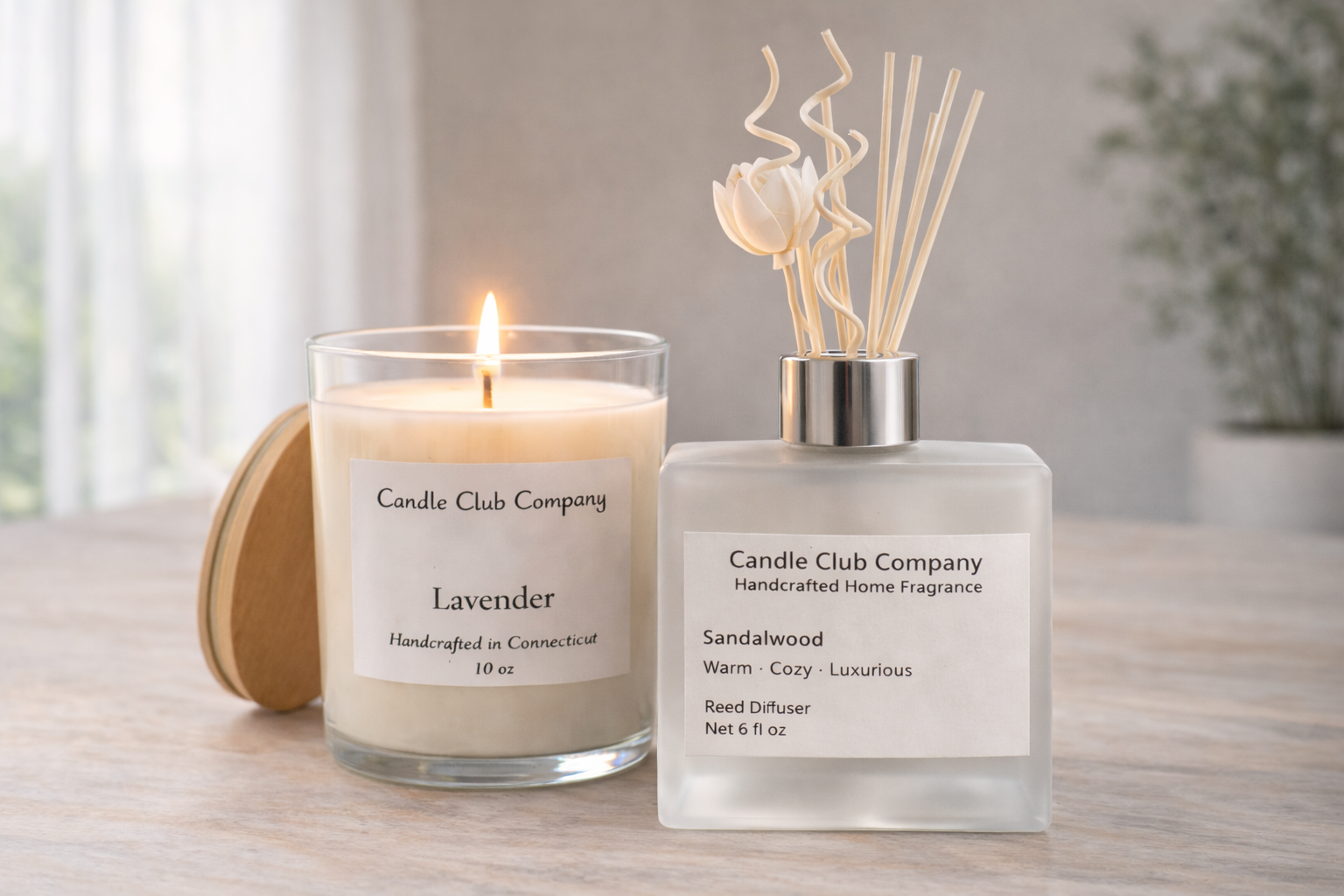 10oz soy candle and frosted reed diffuser home fragrance set by Candle Club Company