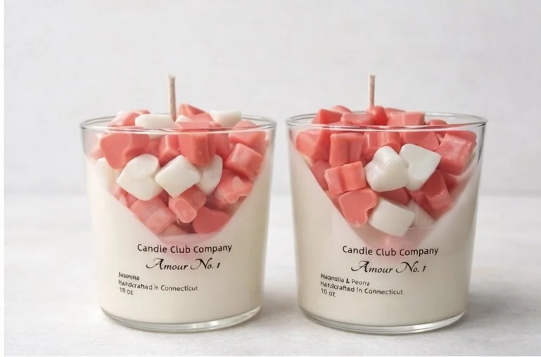 Romantic soy candle with heart-shaped wax details by Candle Club Company