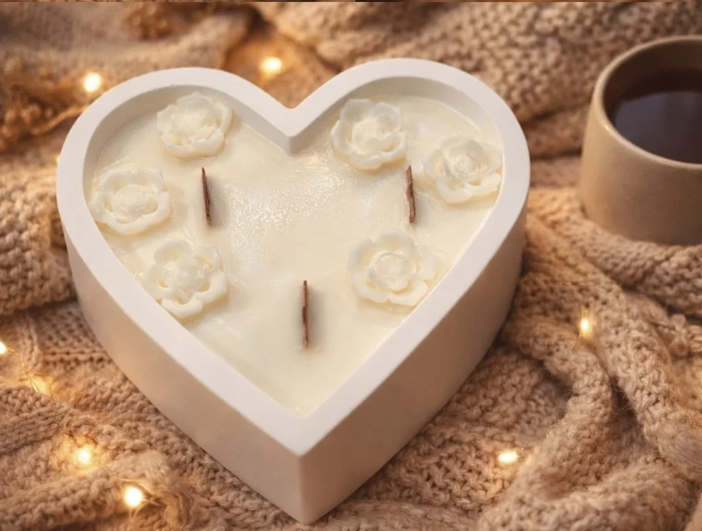 Heart-shaped soy candle with decorative wax flowers and three cotton wicks, handmade concrete candle in cozy neutral setting, Candle Club Company Connecticut