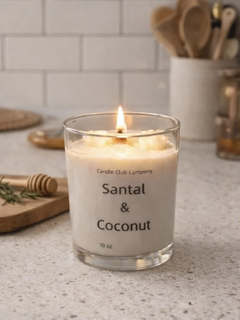 10 oz Santal & Coconut luxury soy candle by Candle Club Company, handcrafted in Farmington Connecticut, clean burning candle in clear glass jar