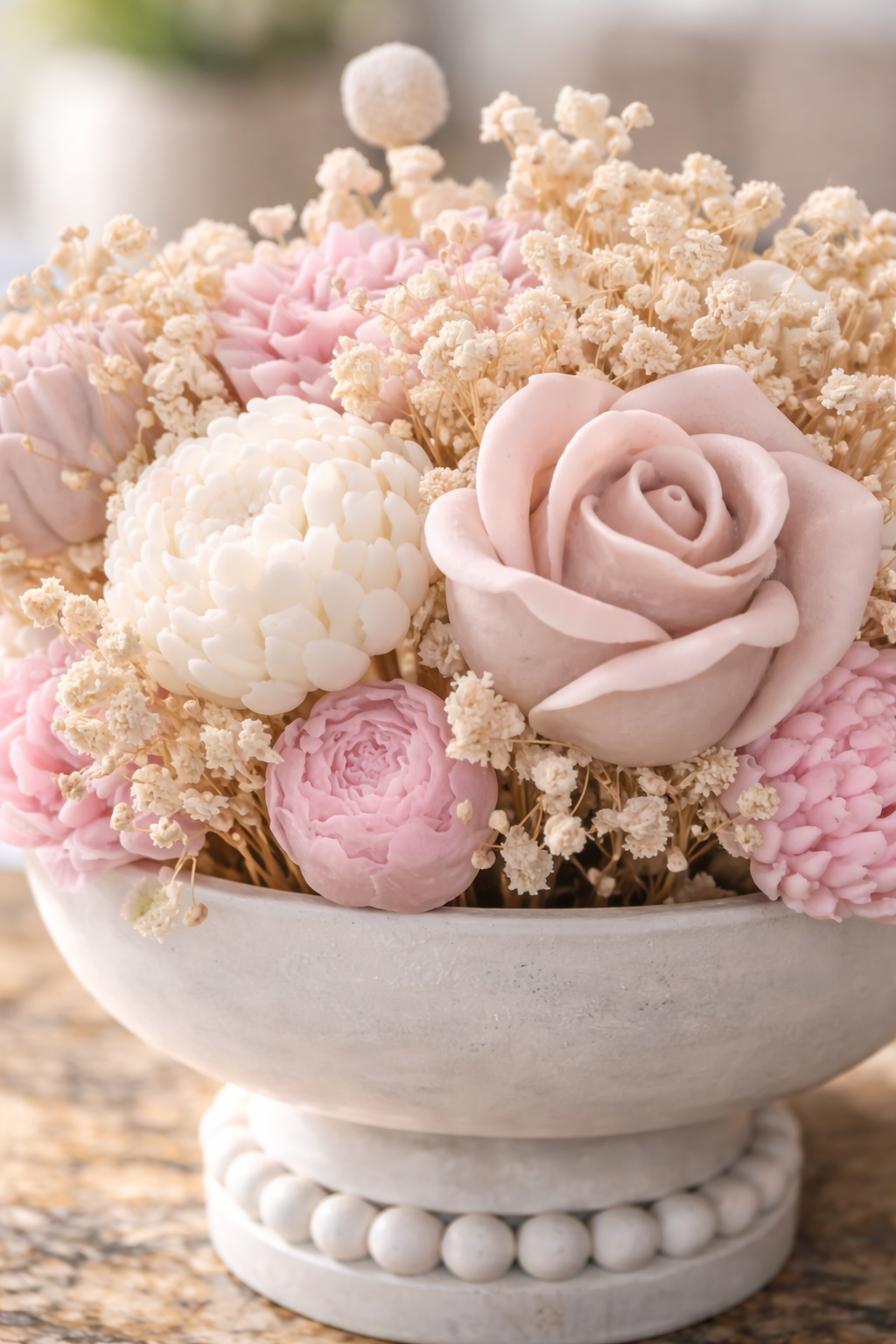 Close-up of handcrafted wax flower candle arrangement featuring rose and peony designs in soft pink and ivory tones with delicate dried florals