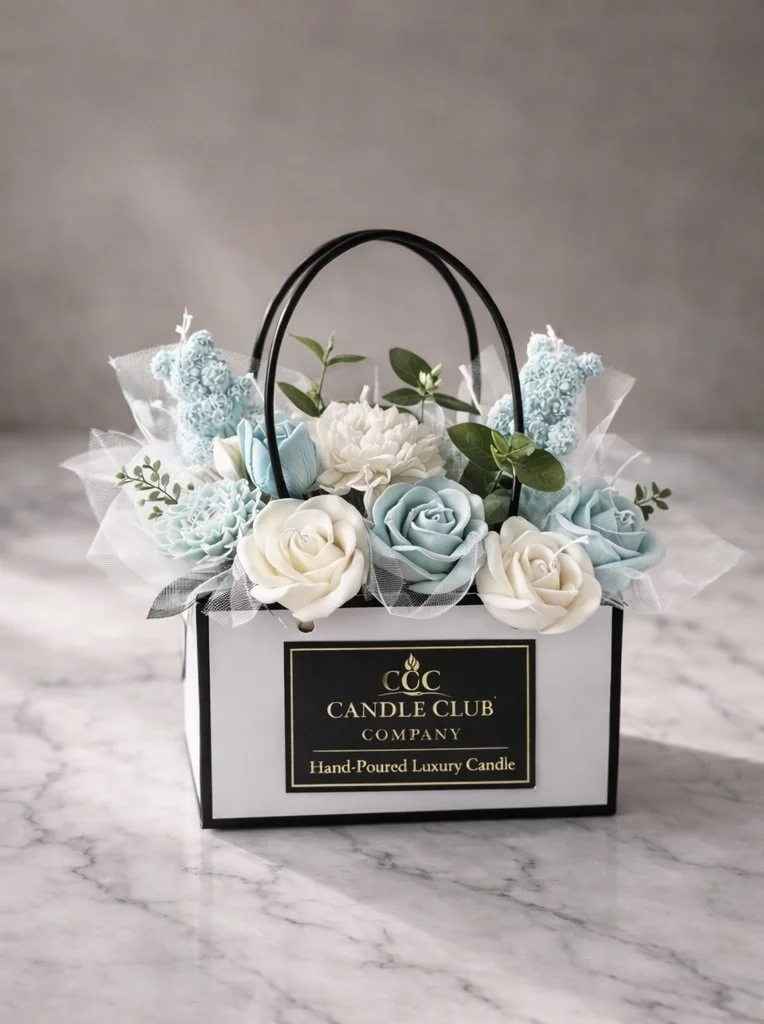 Blue and white floral candle bouquet in luxury gift box made with handcrafted soy wax flowers