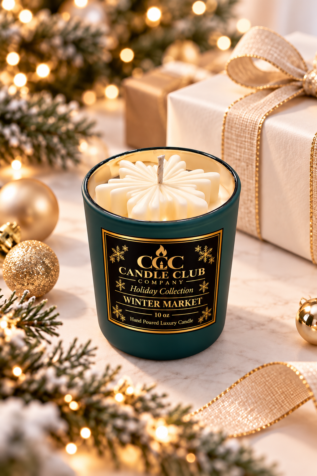 Evergreen Snowfall Glow Christmas candle styled with gold gifts and holiday greenery