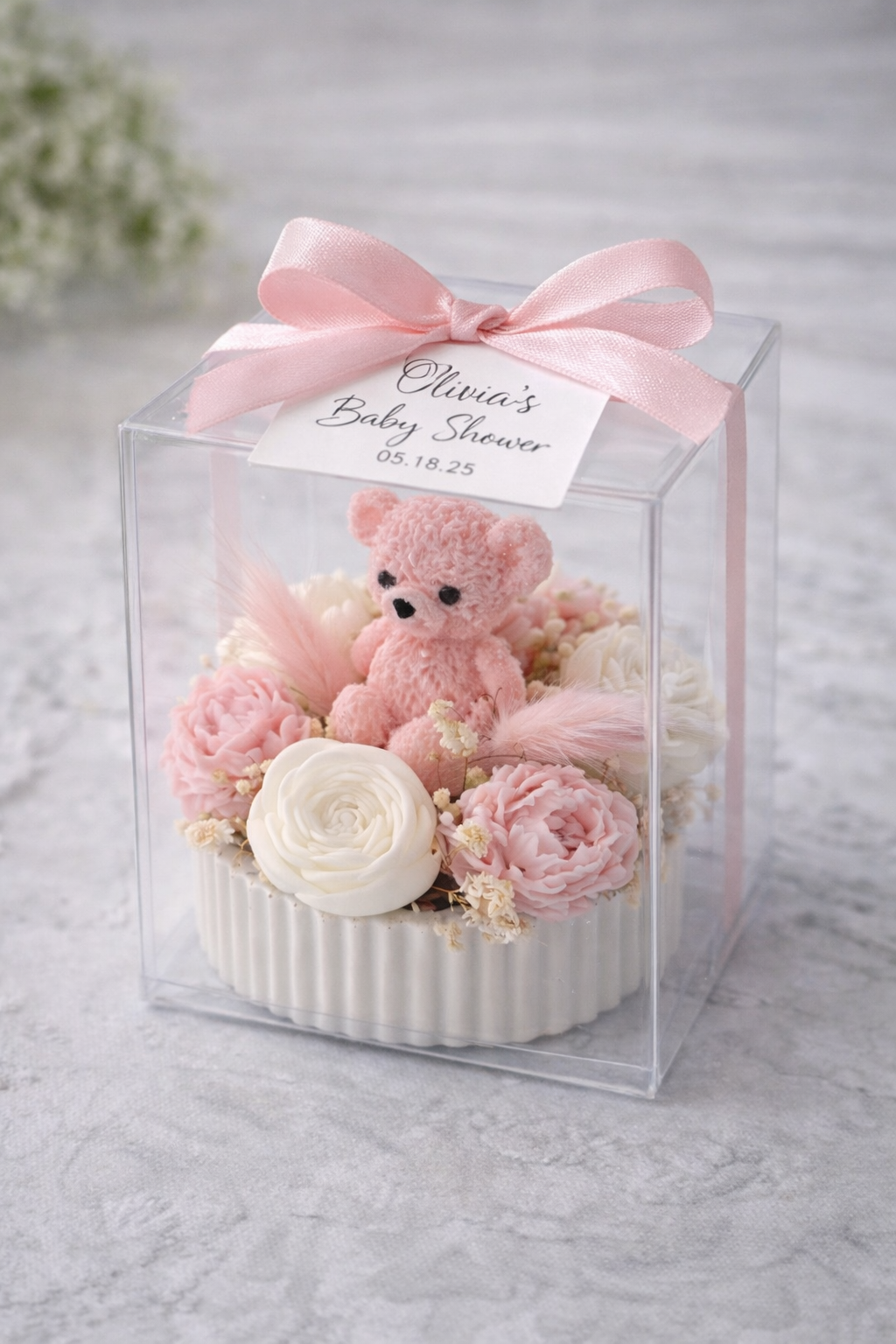 Boxed teddy bear candle favor handcrafted in Connecticut