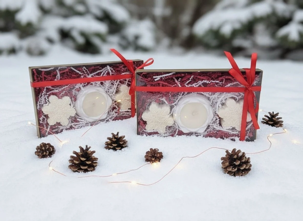 Winter snowflake candle gift set with handmade soy candles from Candle Club Company in Farmington Connecticut, holiday candle gift box with red ribbon.