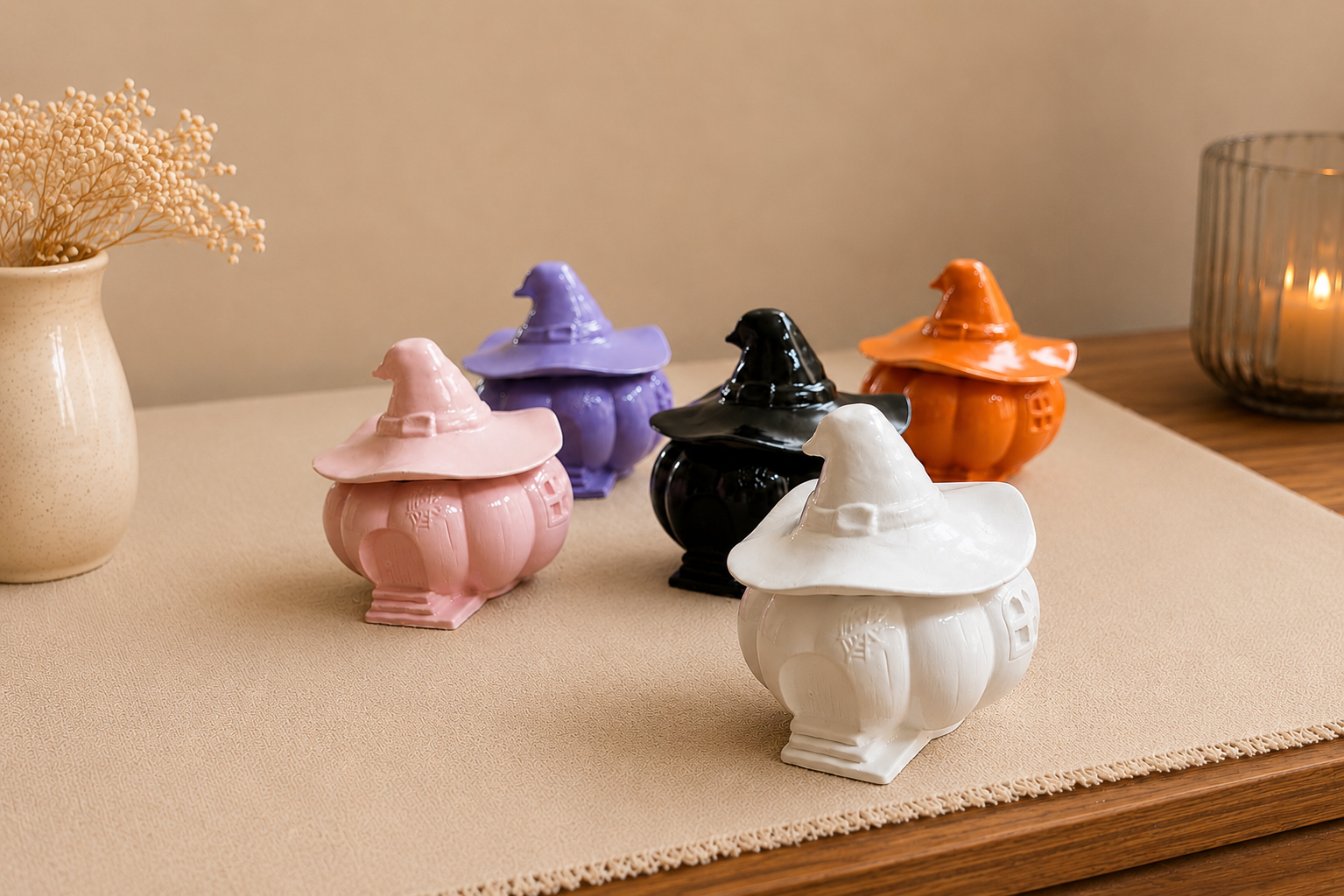 Handmade Enchanted Pumpkin Cottage soy candles in five colors, handcrafted and hand-poured in Farmington, Connecticut