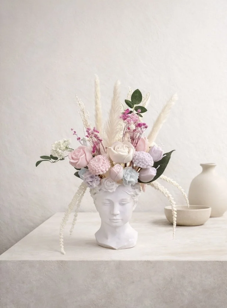 Handcrafted floral candle arrangement in a white face-shaped vase with pink and white flowers, designed by Candle Club Company