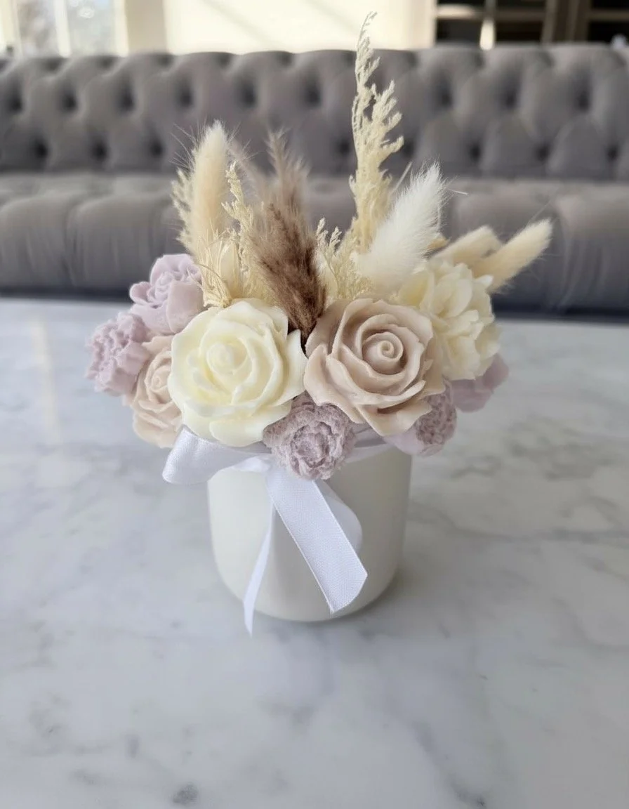 Handcrafted floral soy candle bouquet in white ceramic vase with dried flowers, elegant handmade home decor by Candle Club Company in Connecticut.