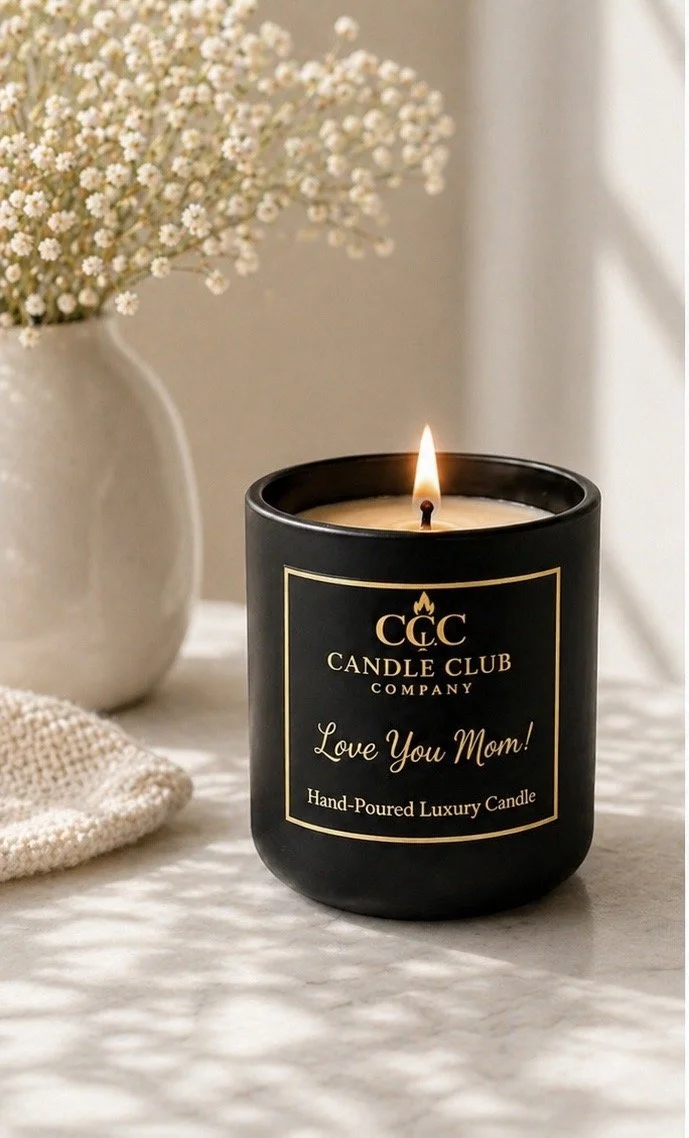 Candle Club Company black luxury soy candle with Love You Mom label, lit wick, displayed on marble surface with elegant floral background.