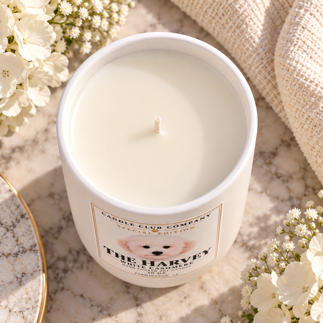 Top view of The Harvey soy candle with smooth white wax and cotton wick