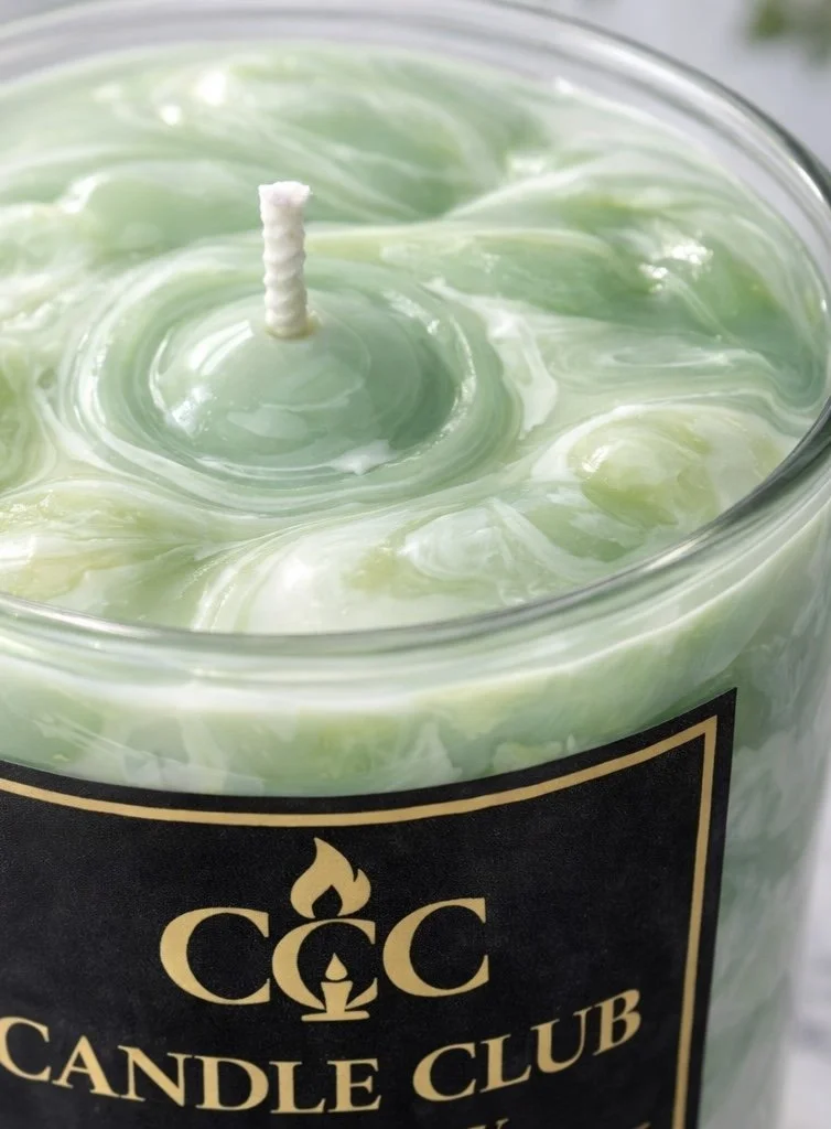 Top view of matcha latte soy candle with green and white swirl wax texture and centered wick, luxury 10 oz candle