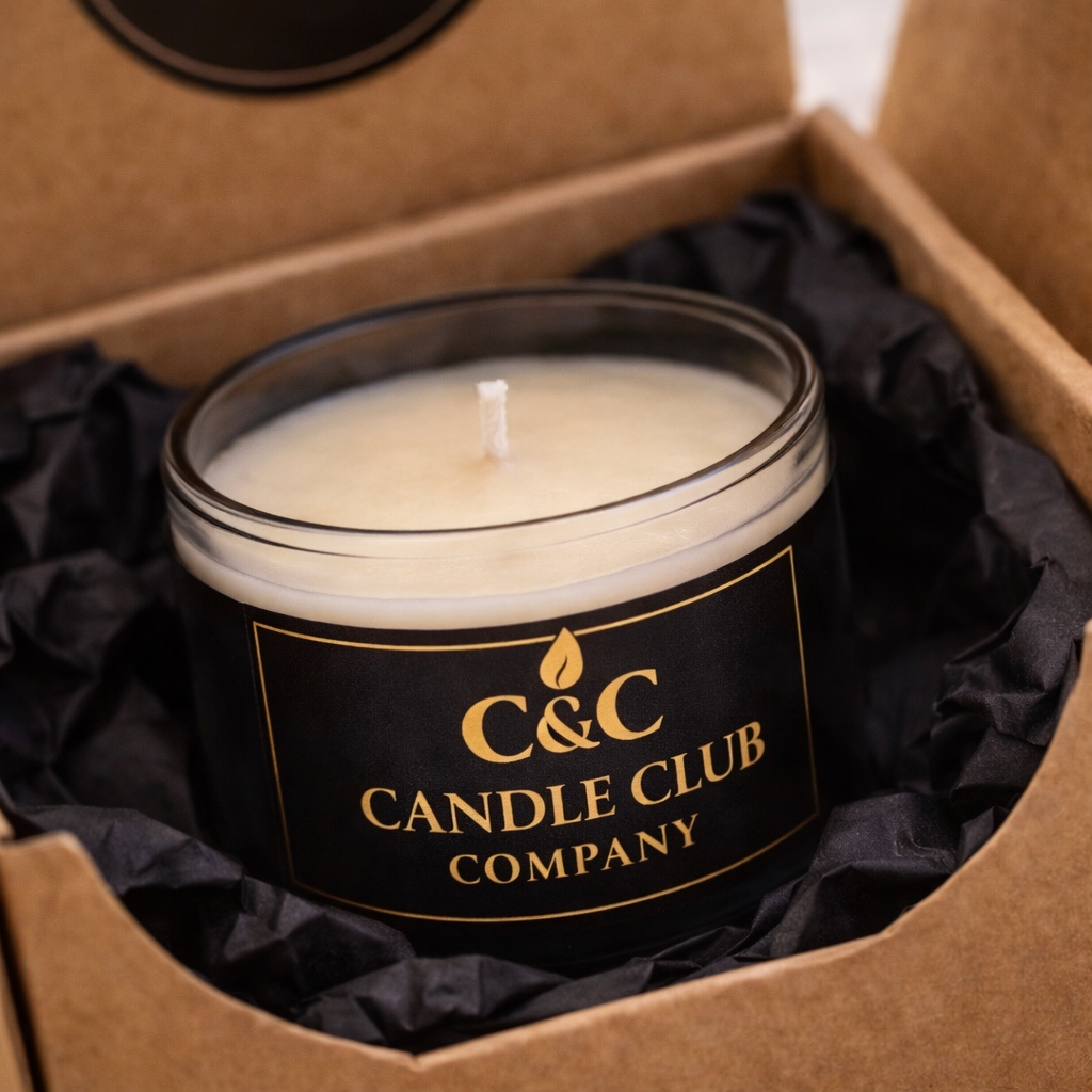 Luxury soy candle in subscription box with black tissue packaging, hand-poured in Connecticut