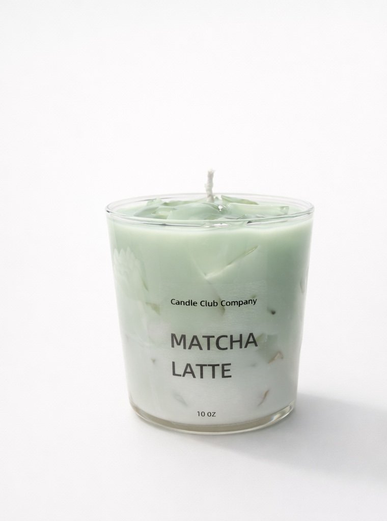 Matcha latte inspired soy candle with iced matcha wax details, 10 oz