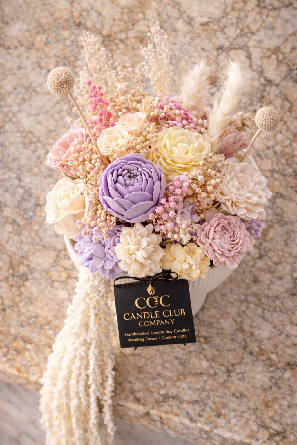 Top view of luxury floral candle bouquet arrangement in ceramic vessel, handmade soy wax flowers, elegant home decor and wedding centerpiece