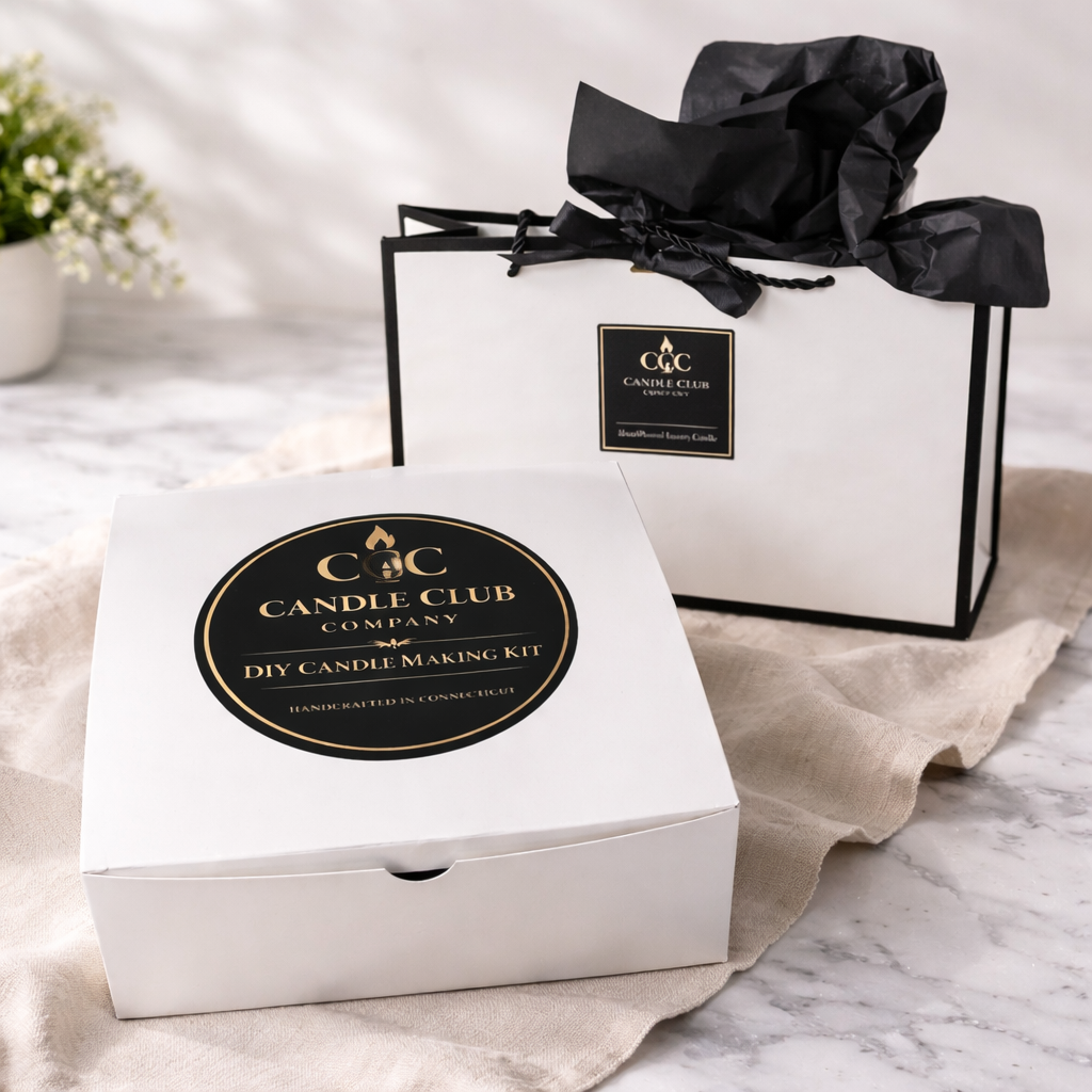 Luxury candle making kit gift box with black ribbon packaging – handmade in Connecticut