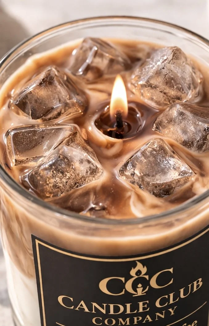 Top view of cold brew coffee soy candle with realistic iced coffee wax design and lit wick, luxury 10 oz candle