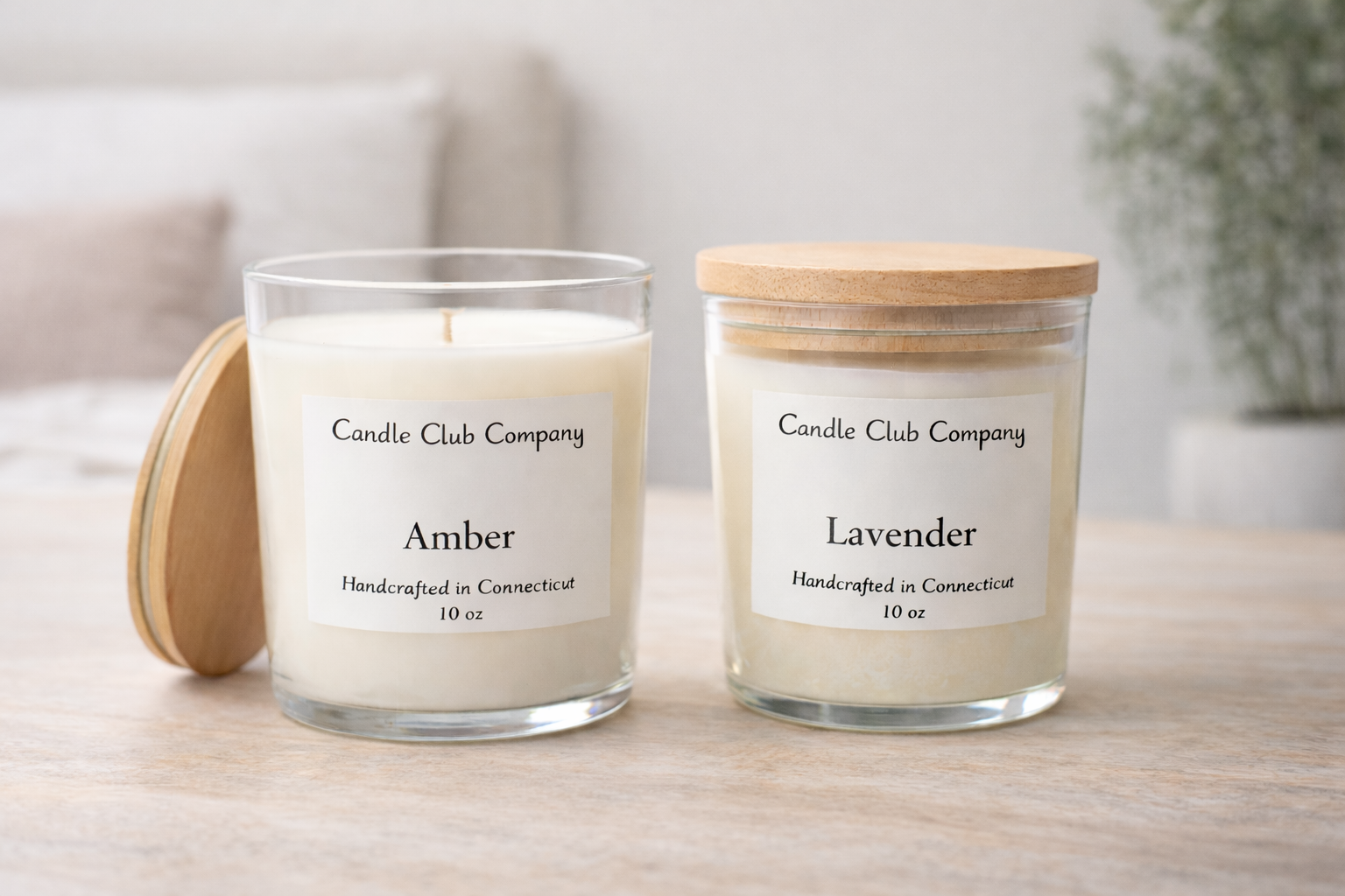 Luxury handcrafted soy candles by Candle Club Company featuring White Tea and Lemon Verbena scents in clear glass jars with wooden lids, handmade in Connecticut.