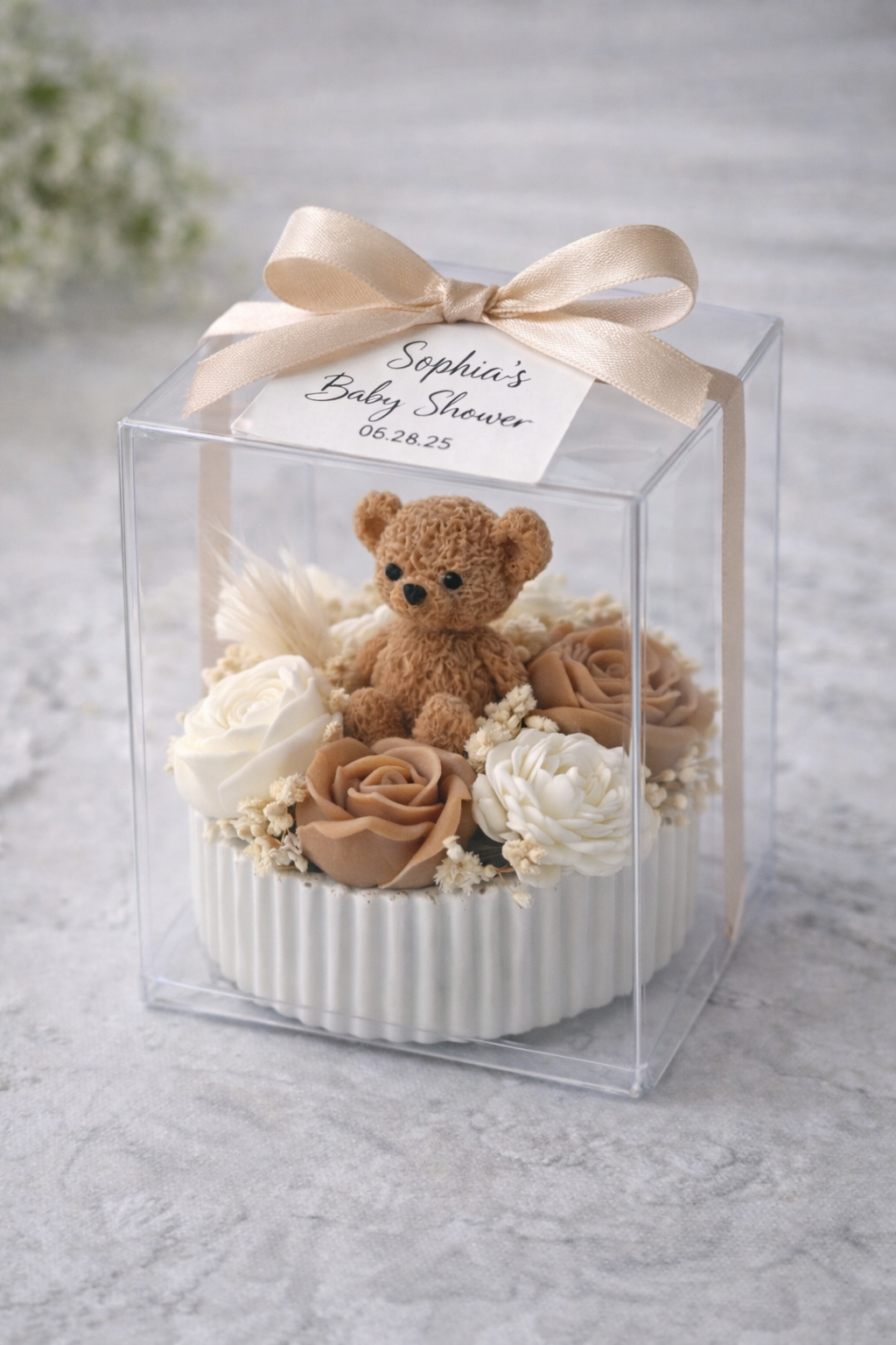Mini Teddy Bear Floral Candle Favors – Boxed Baby Shower Keepsakes