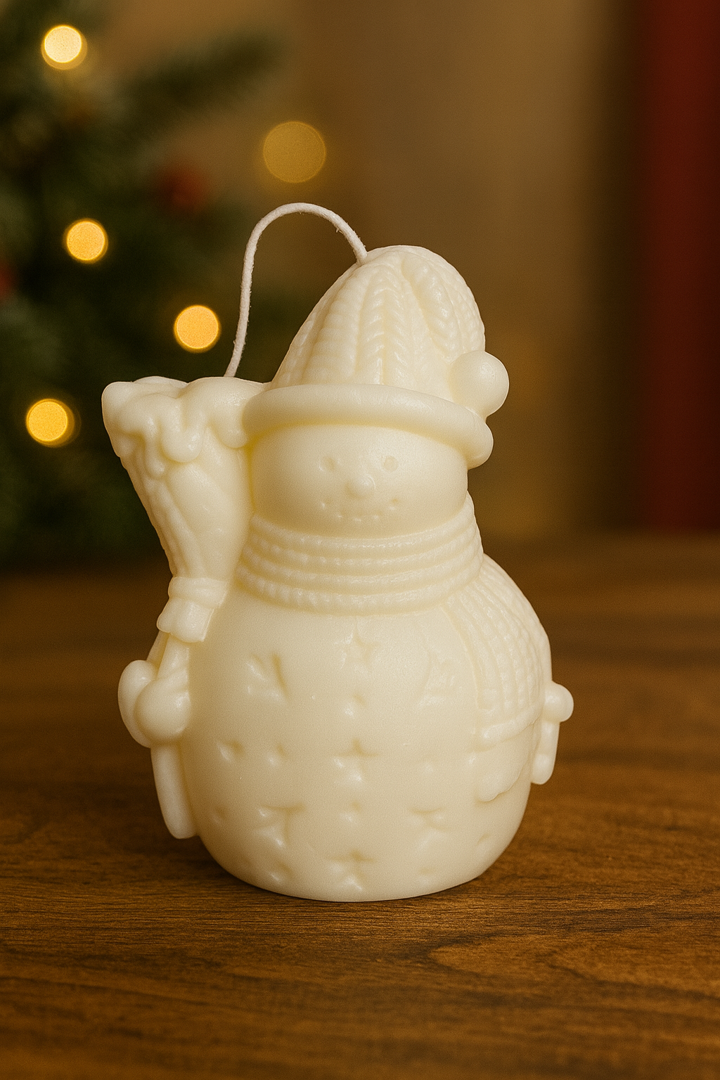 “Hand-poured snowman soy candle — festive winter holiday decoration USA”