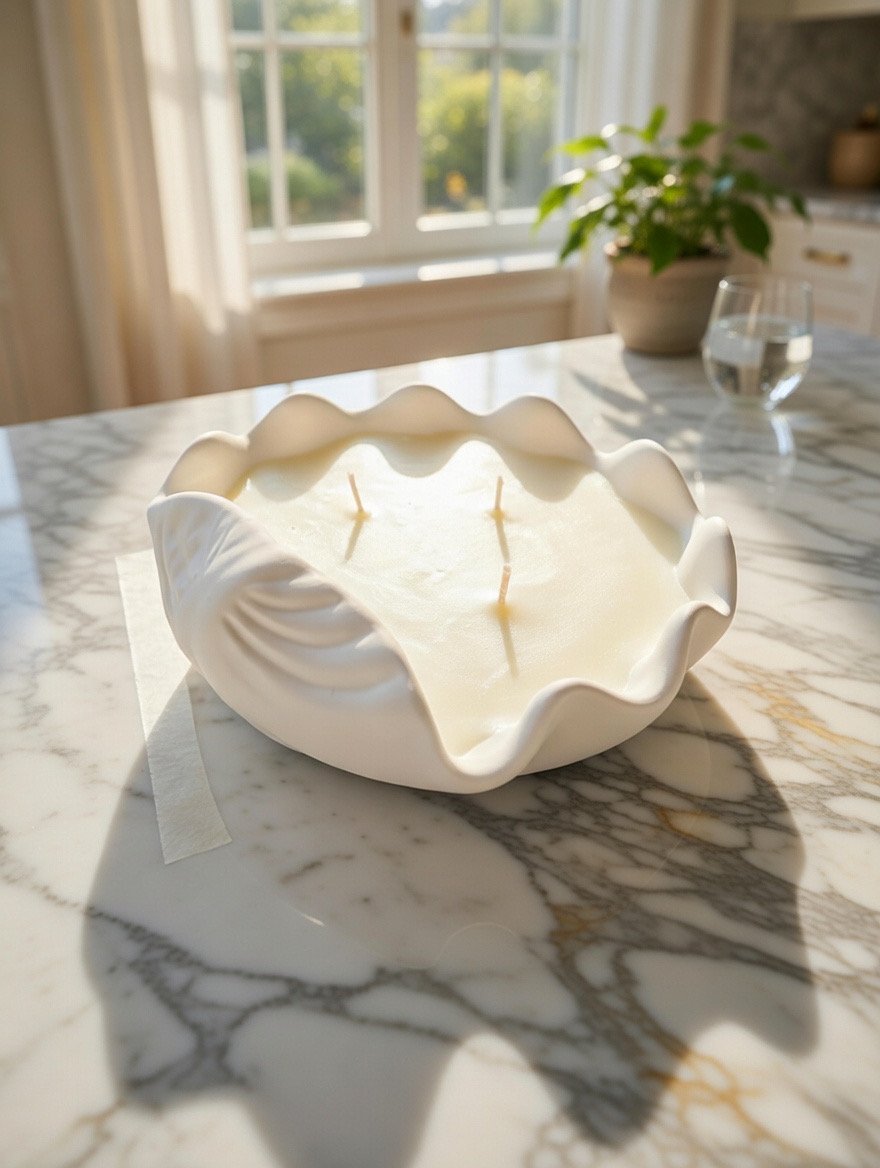 Handmade shell bowl soy candle with multiple wicks in decorative coastal vessel on marble countertop