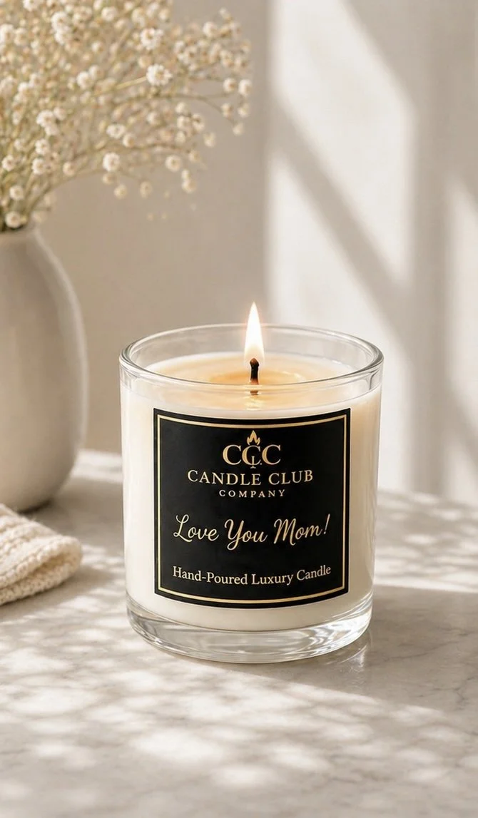 Candle Club Company clear glass luxury soy candle with Love You Mom label, lit wick, styled on marble surface with soft floral background.