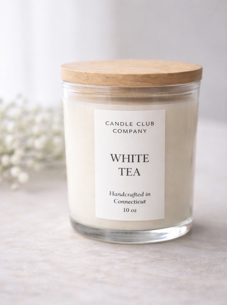 White Tea luxury soy candle by Candle Club Company, 10 oz glass jar with wooden lid, handcrafted in Connecticut small business.