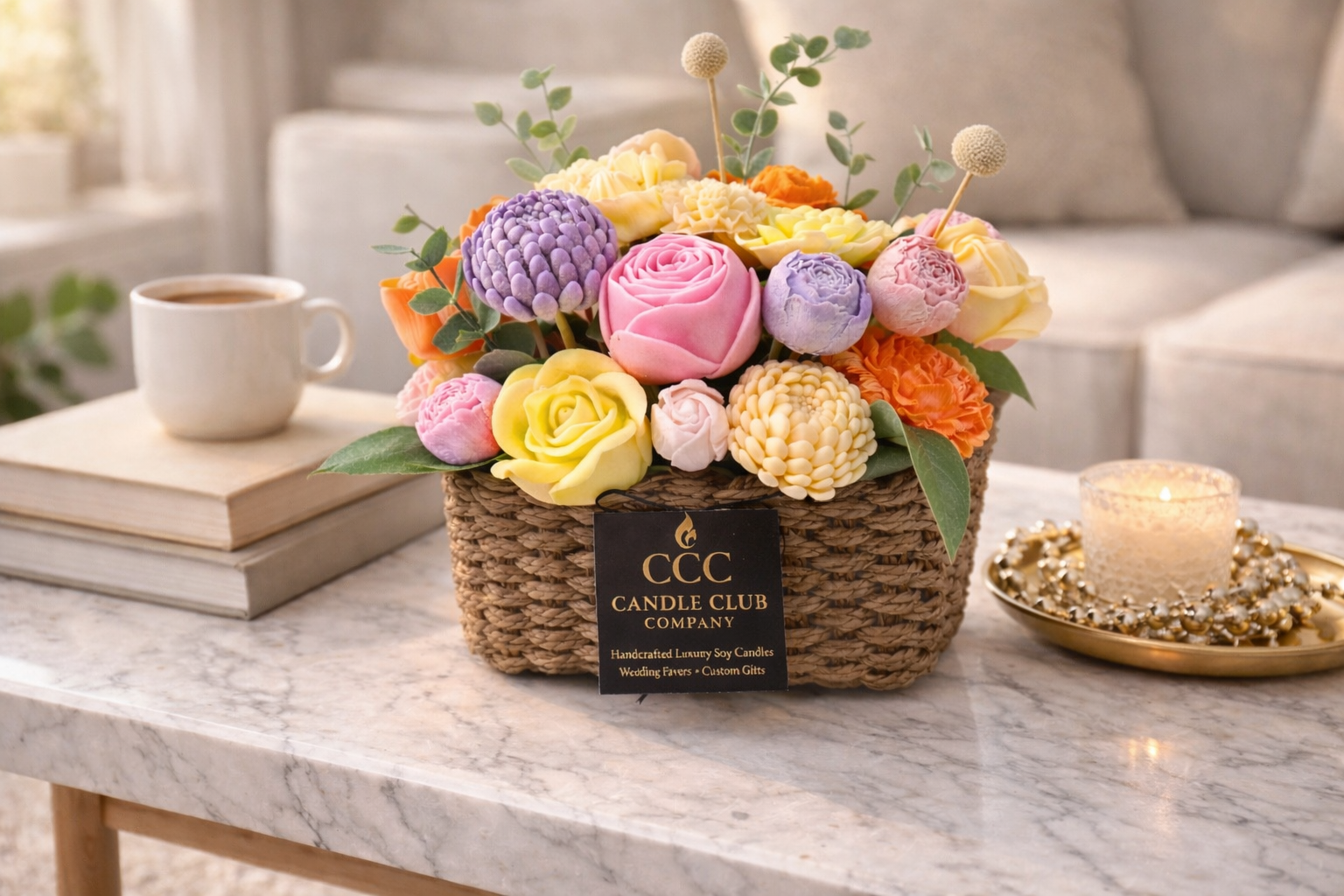 Luxury floral candle arrangement handcrafted for special events, gifts, and custom orders.